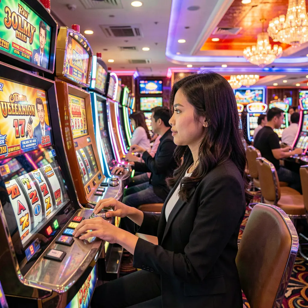 Stylish Indonesian woman enjoying colorful slot machines in a modern casino atmosphere using the RKGG APK for premium gaming entertainment